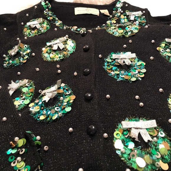 Christmas Wreath Cardigan Sweater - Vintage- Sz Sm - Picture 2 of 9